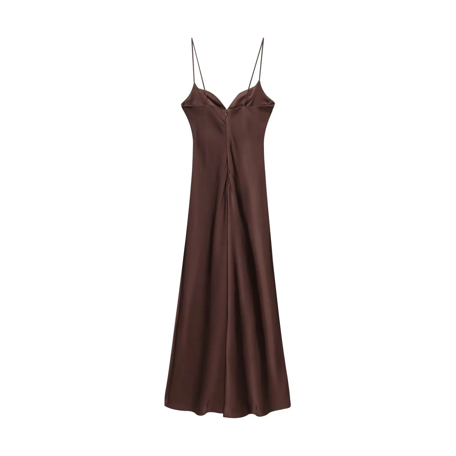 HH 2025 Women Red V-Neck Holiday Style Satin Texture Long Dress Sleeveless Summer Women's Back Zipper Fashion Sling Dresses