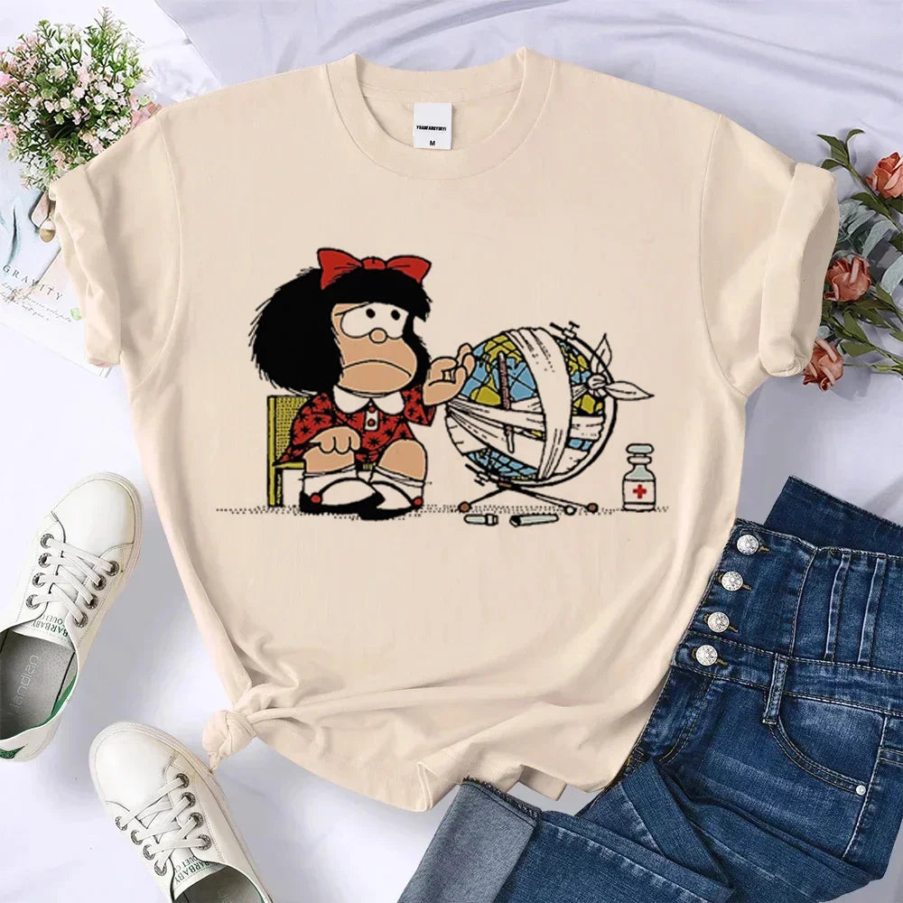 Mafalda Top Women's Casual Loose Comfortable Summer Pattern Manga T-shirt Female Designer Harajuku Clothing
