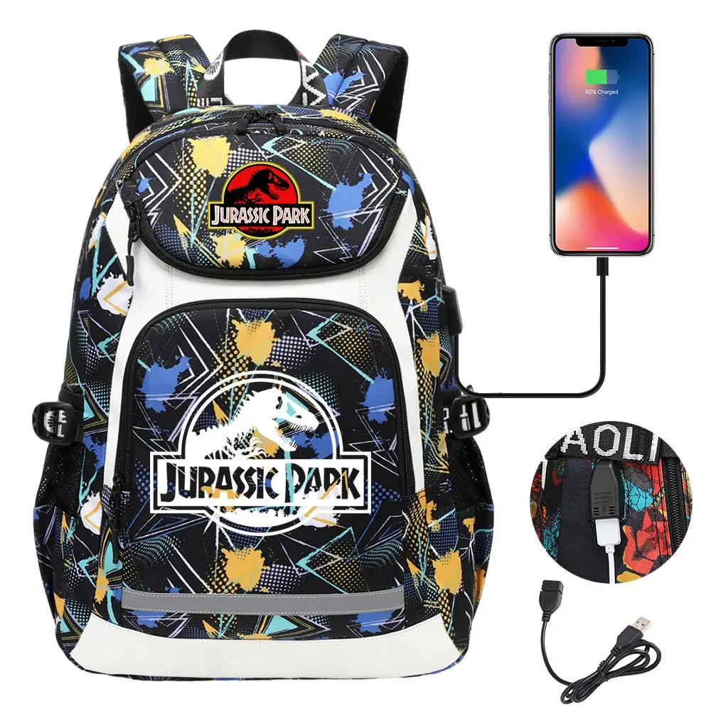 Jurassic World Park Dinosaur Girls Boys Kids School Book Bags USB Teenagers Schoolbags Women Men Laptop Travel Backpack