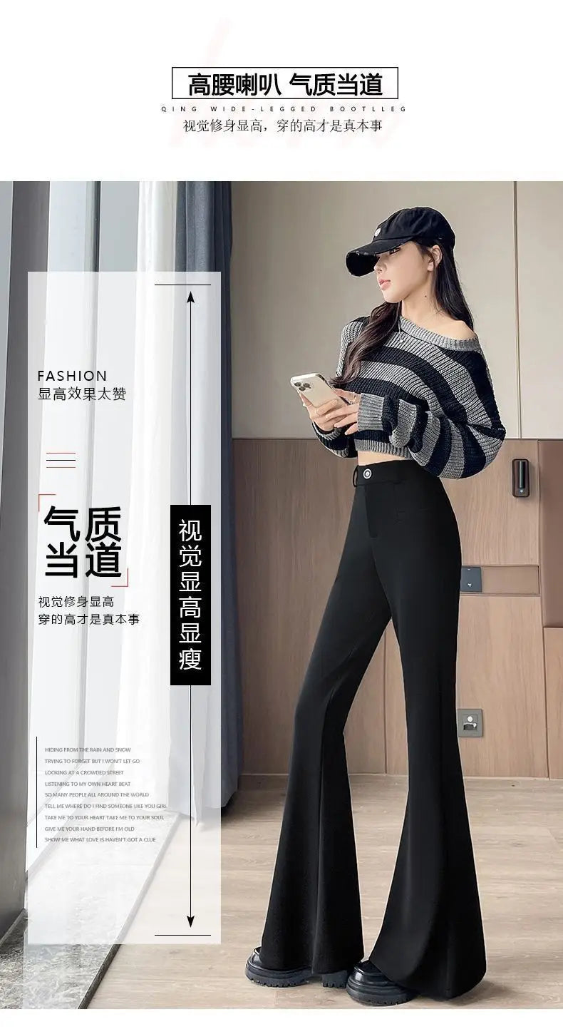 Women's High-Waisted Flared Pants Slim Fit Formal Trousers with Button Closure