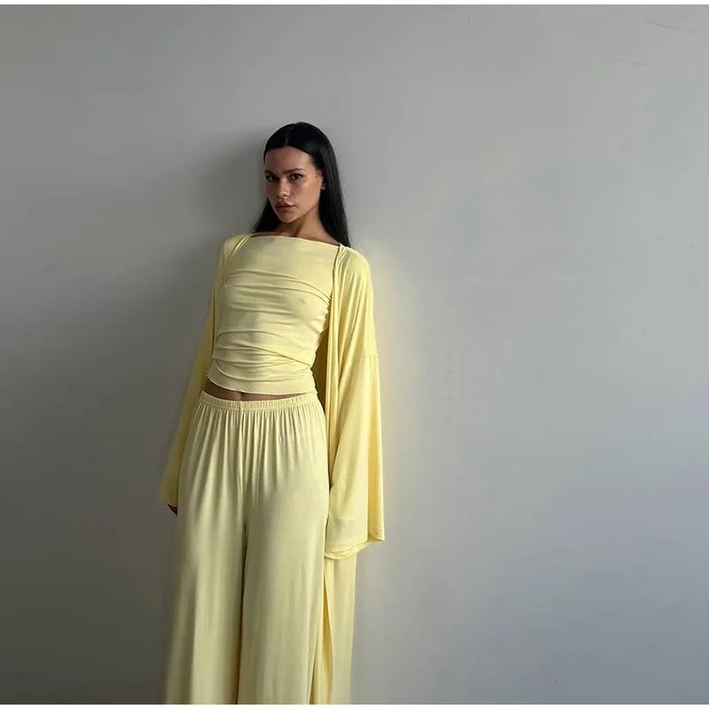 Casual Solid Women 3 Pieces Suits V-neck Long Coats O-neck Slim Top Wide Leg Trousers 2025 Spring Summer New Fashion Female Sets