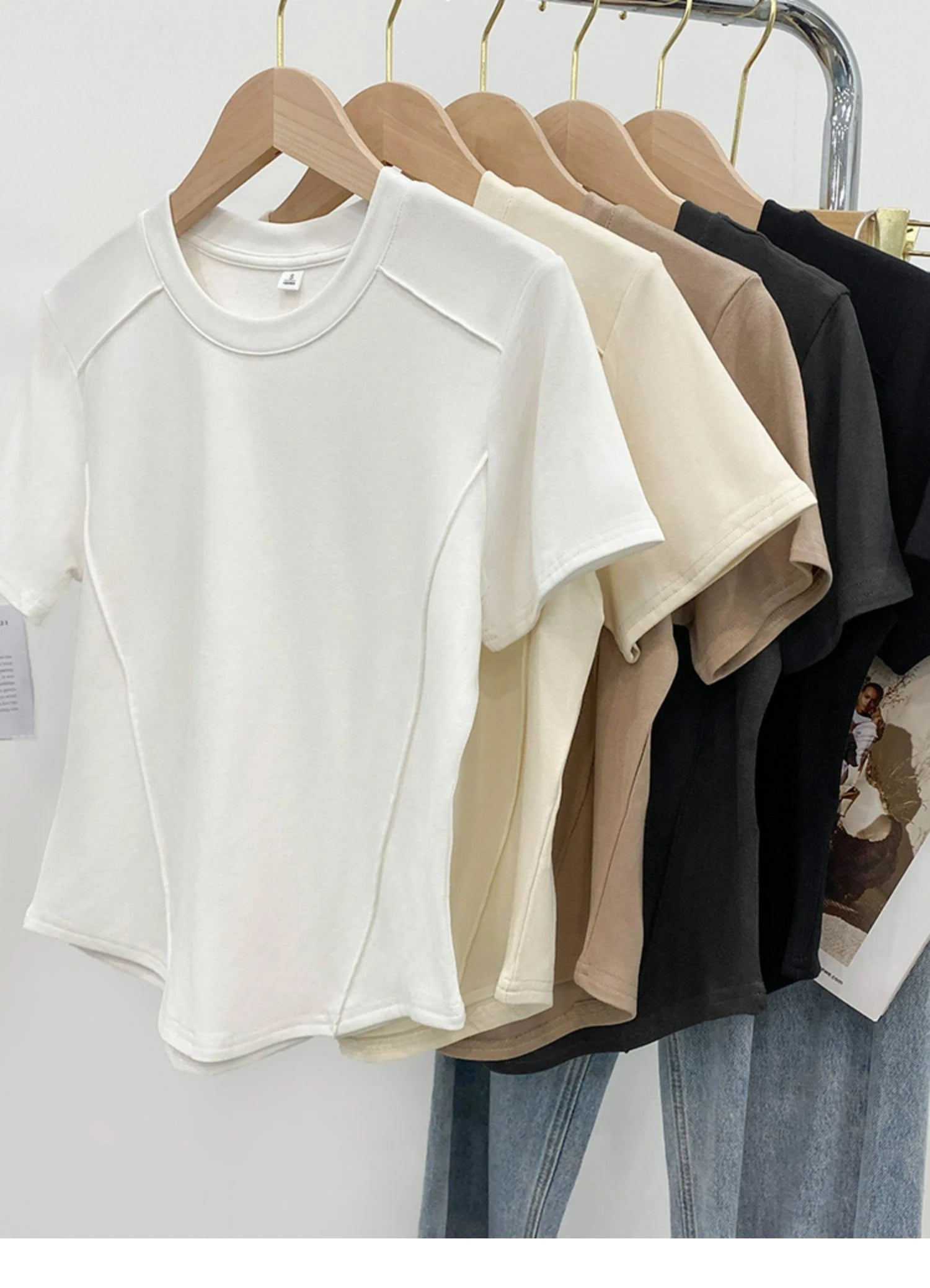 Solid color round-neck short-sleeved slim T-shirt for women 2026 summer and Europe new
