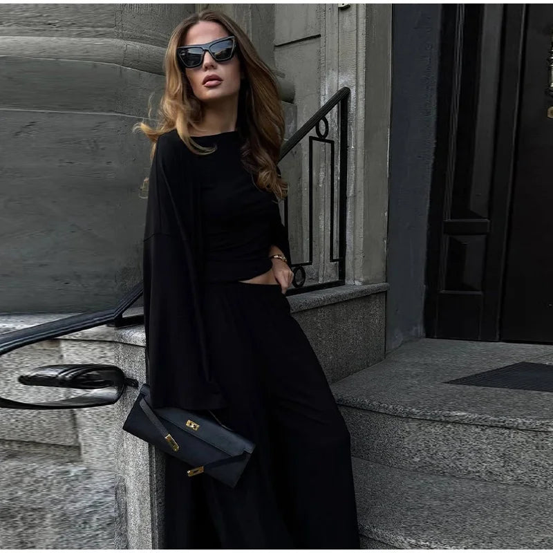 Casual Solid Women 3 Pieces Suits V-neck Long Coats O-neck Slim Top Wide Leg Trousers 2025 Spring Summer New Fashion Female Sets