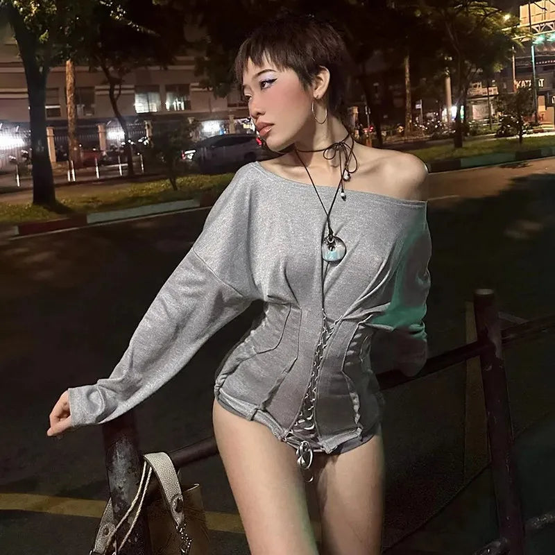 SylCue Casual Fashion T-Shirts Woman Skew Collar Off Shoulder Full Sleeve Drawstring Design Daily Simple Versatile Style Tops