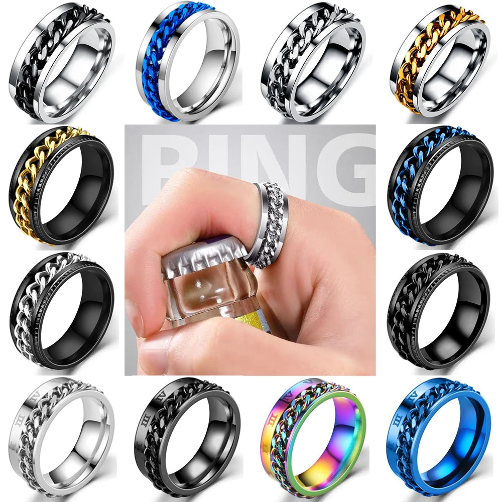 Titanium Steel Rotatable Chain Fidget Spinner Mens Rings Multifunction Anti Stress Knuckle Ring Accessories Anillo Hombres