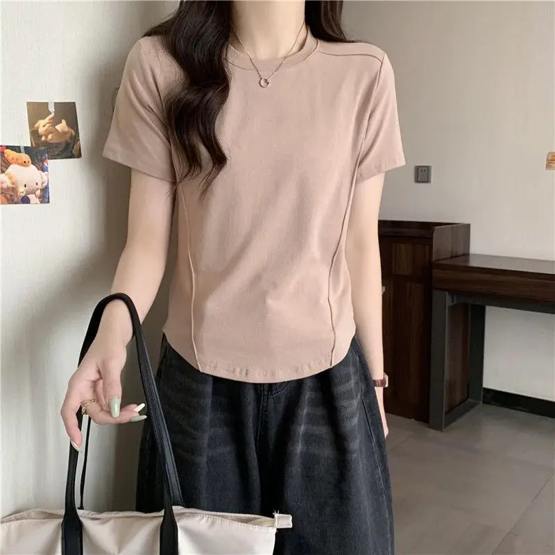 Solid color round-neck short-sleeved slim T-shirt for women 2026 summer and Europe new