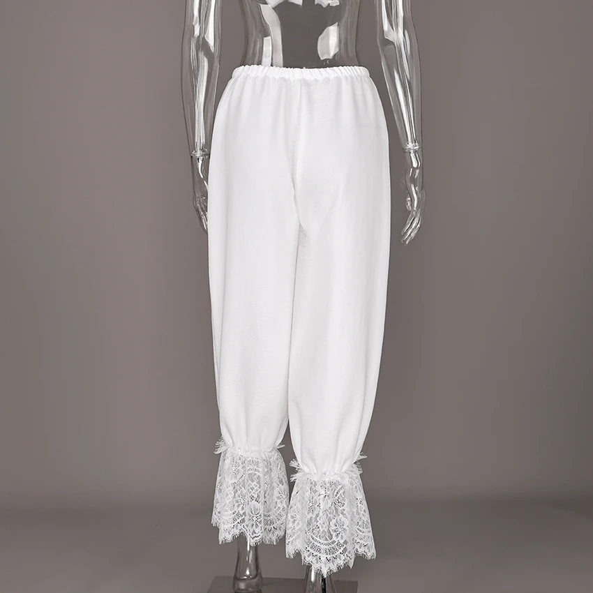 Linad Vintage Loose Lace Pencil Pants For Women White Elegant Elastic Waist Trousers Street Chic Ankle Length Pants 2025 Summer