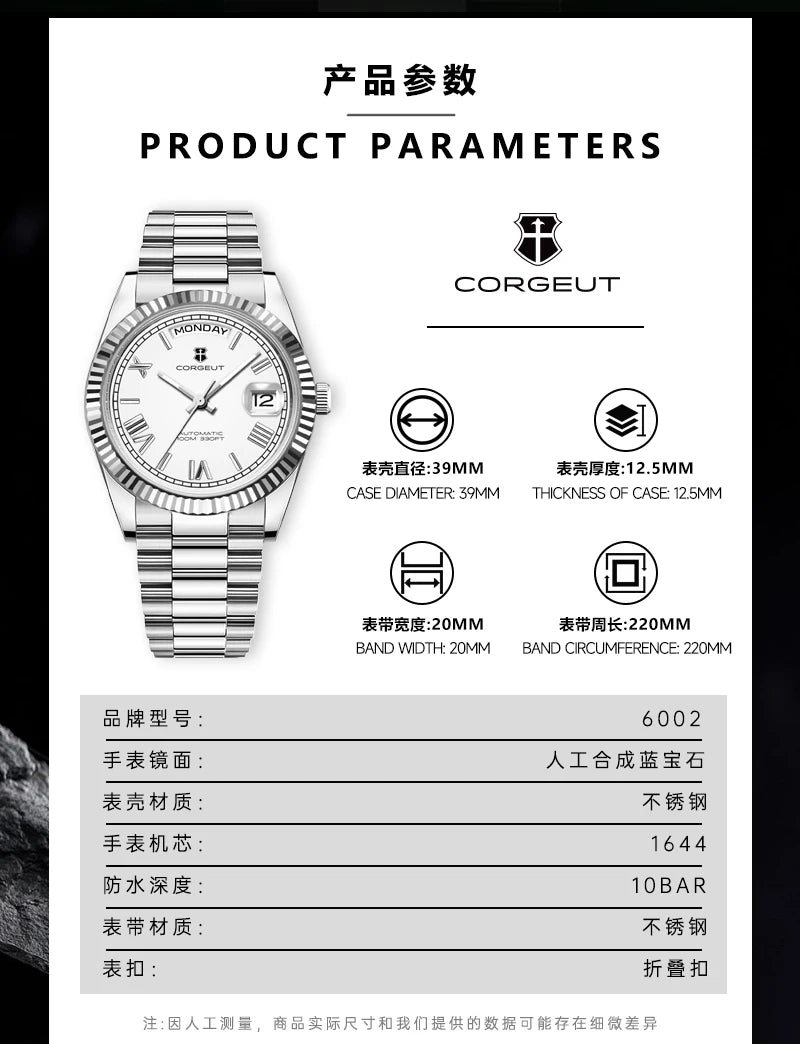 Corgeut automatisch mechanisch herenhorloge - 39/36mm Japanese movemen Saffierdatumweergave met vergrootglas - Reloj para Hombre
