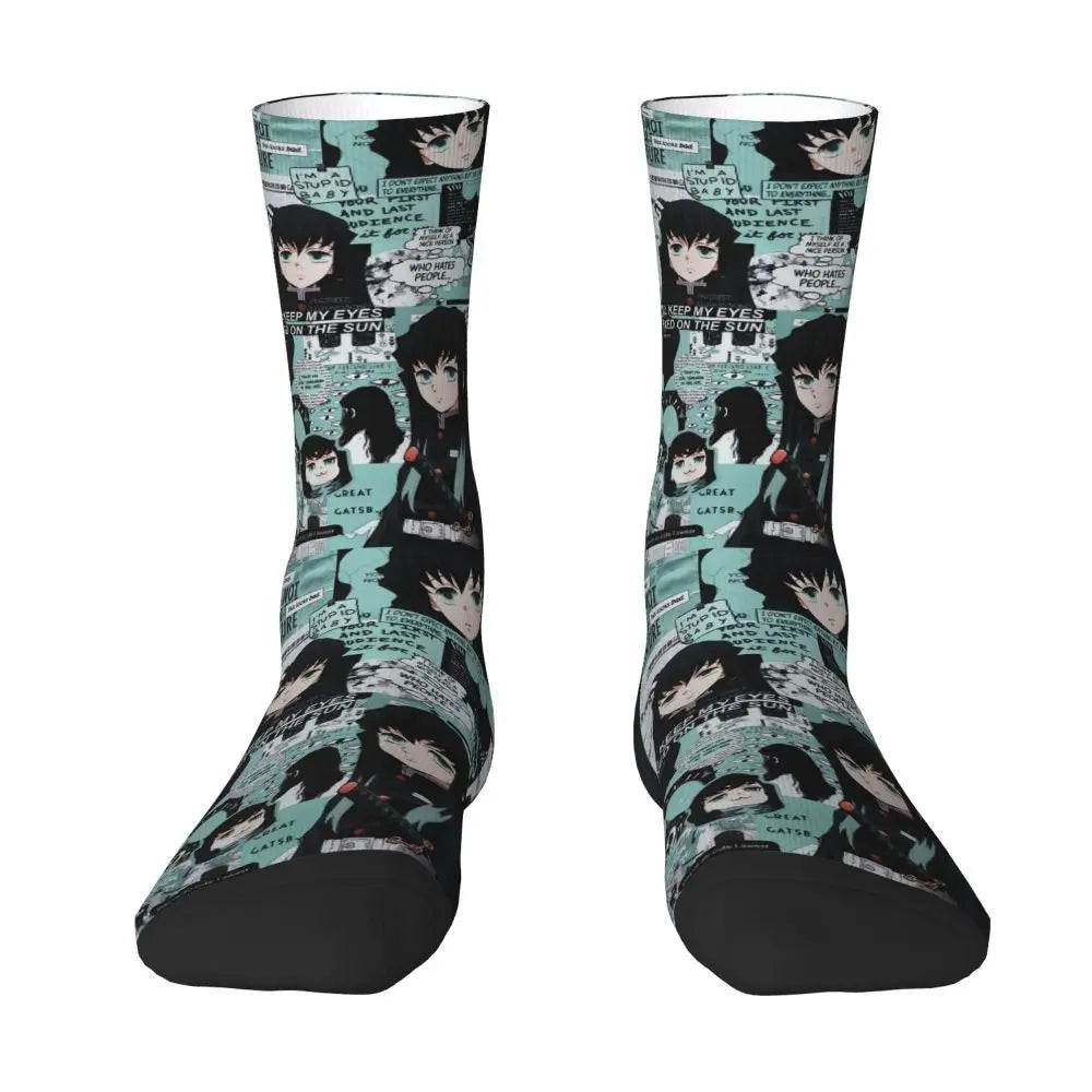 Custom Giyuu Tomioka Demon Slayer Men Women Crew Socks Unisex Kawaii Kimetsu No Yaiba Spring Summer Autumn Winter Dress Socks