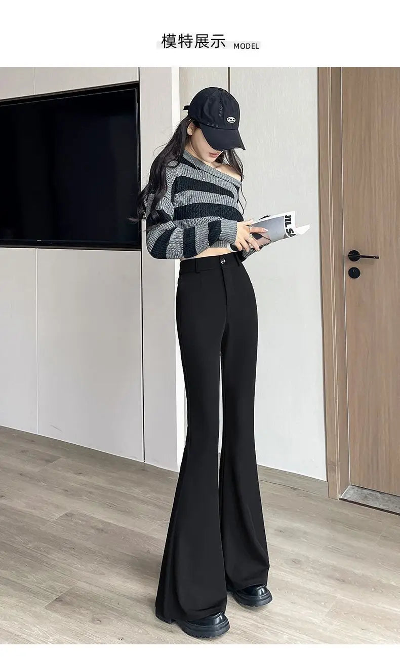 Women's High-Waisted Flared Pants Slim Fit Formal Trousers with Button Closure