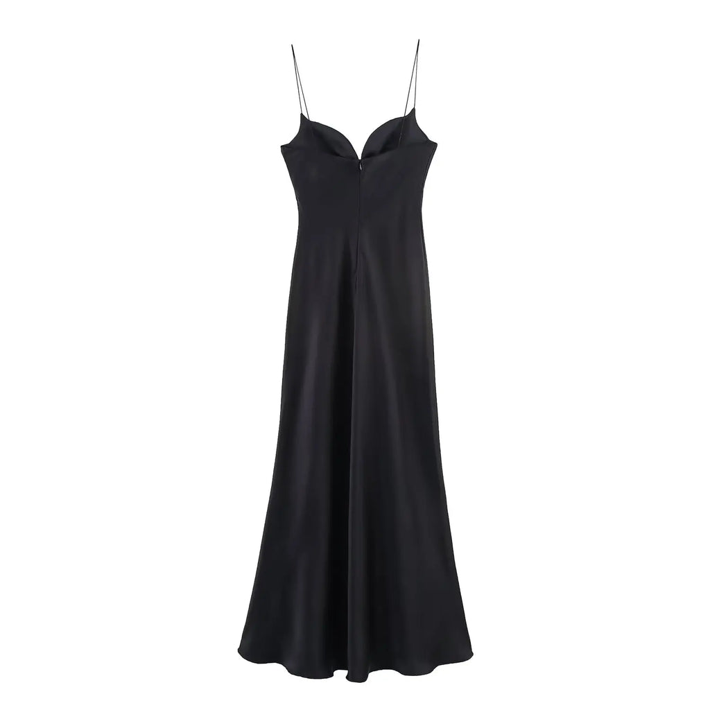 HH 2025 Women Red V-Neck Holiday Style Satin Texture Long Dress Sleeveless Summer Women's Back Zipper Fashion Sling Dresses