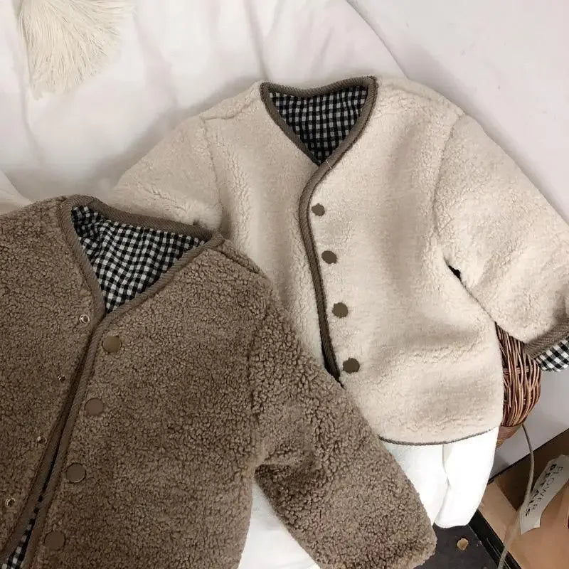DGUKYM New Autumn and Winter Warm Jacket Children Two Sides Wear Plaid Plush Jacket Kids Jackets Winter Clothes for Girls
