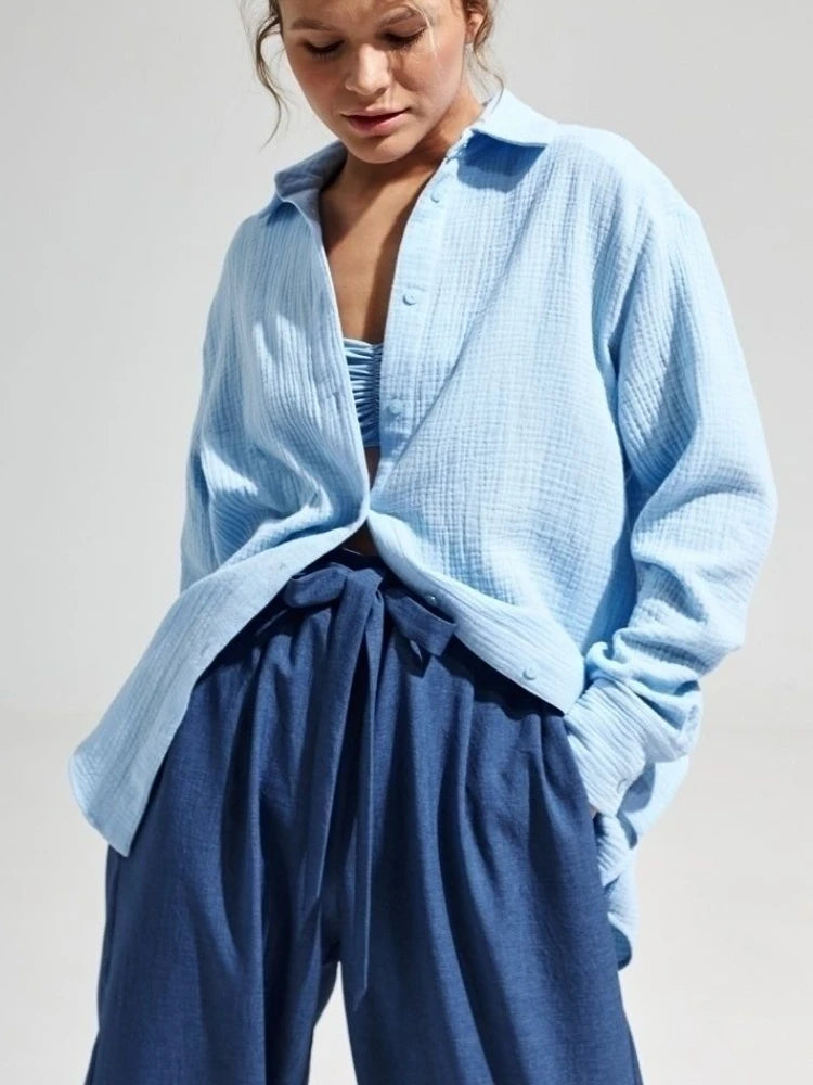 Bornladies 2025 Women's Spring Summer 100% Cotton Shirts Office Lady  Fashionable Solid Lady Long Sleeve Loose Tops Crepe Shirts