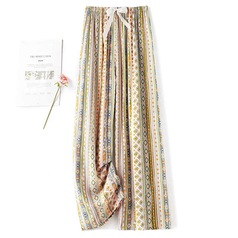 Women Casual Autumn Wide Leg Pants Floral Beach Trousers High Waist Boho Ethnic Style Calf Pants Four Season Girls Home Clothes
