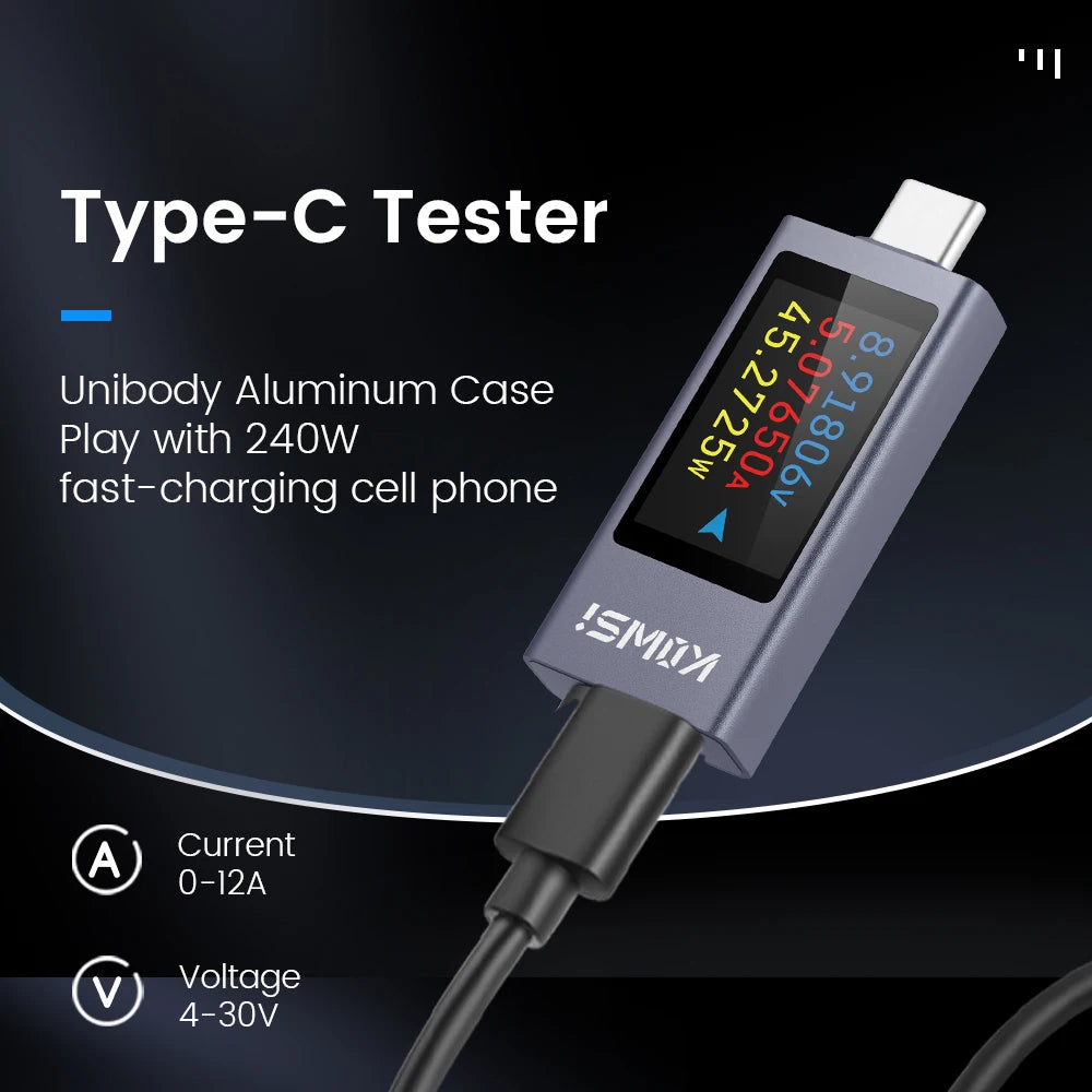 Type-C Current Voltage Capacity Phone USB Tester DC 4-30V 0-12A Power Meter Tester PD Mobile Power Detector Test