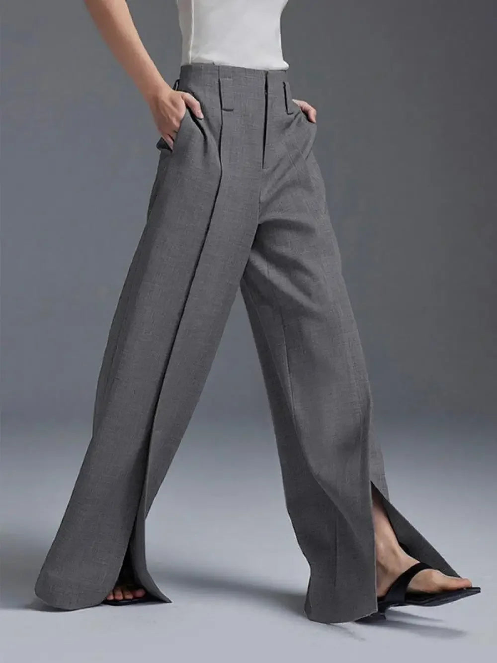 Yeezzi Urban Female Business Suit Pants 2025 New Fashion Black White Loose Straight Pant High-Waist Pleated Split-Front Trousers