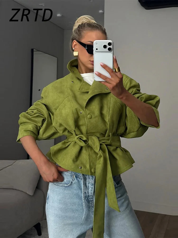 Street Women's Faux Suede Belt Lace Up Jacket Loose Green Lapel Button Full Sleeve Coats 2026 Spring Summer Lady Casual Outwear