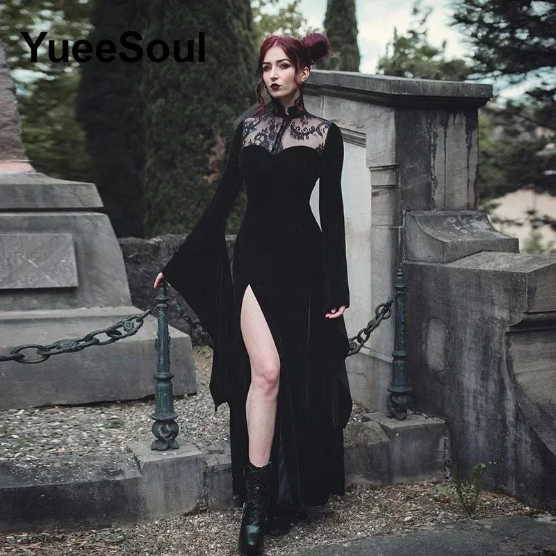 Halloween Gothic Grunge Punk Women Dress Long Sleeve Lace Slim Black Dresses 2026 New Y2K Harajuku Lolita Fairy Core Party Dress