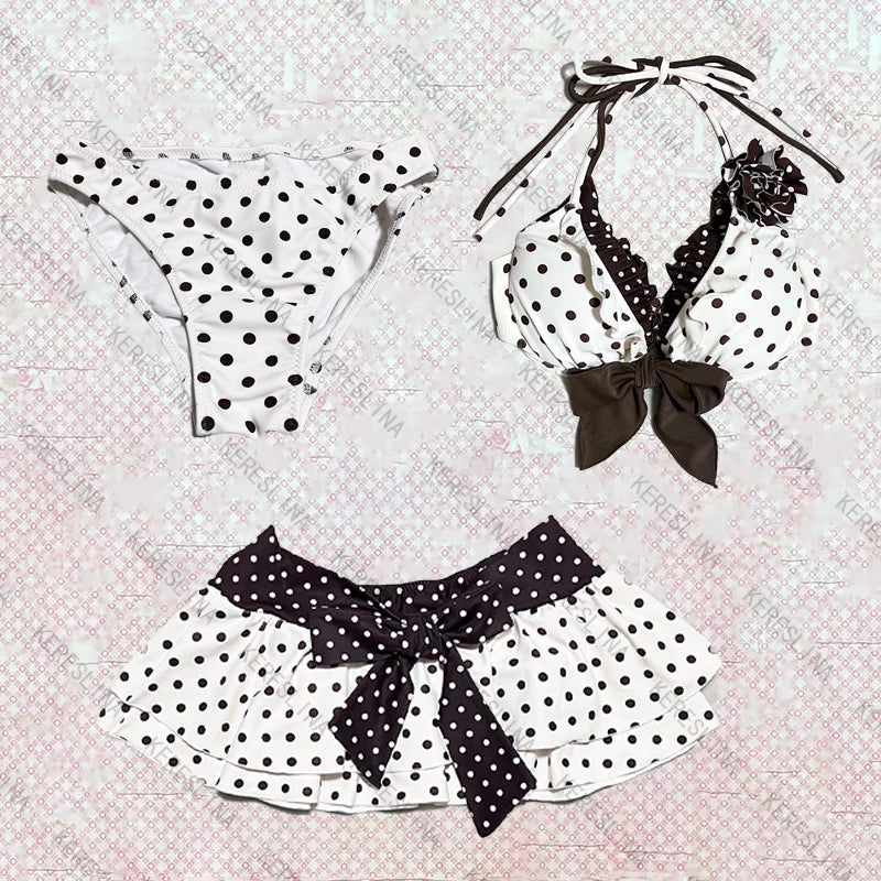 Women's bikini set cute retro casual streetwear Y2K Harajuku aesthetic hip-hop summer sweet polka dot slim Kawaii women's skirt