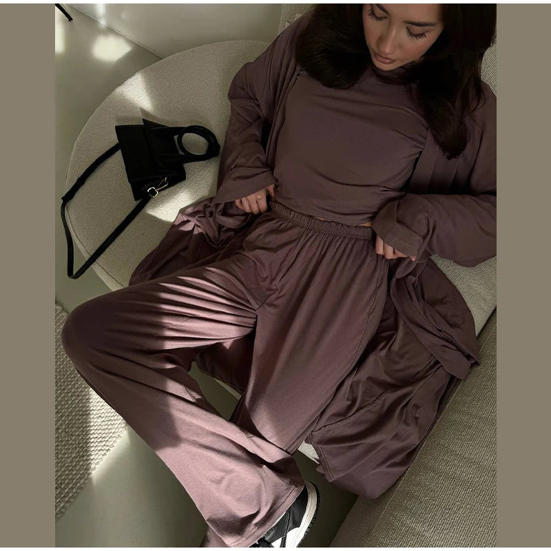 Casual Solid Women 3 Pieces Suits V-neck Long Coats O-neck Slim Top Wide Leg Trousers 2025 Spring Summer New Fashion Female Sets