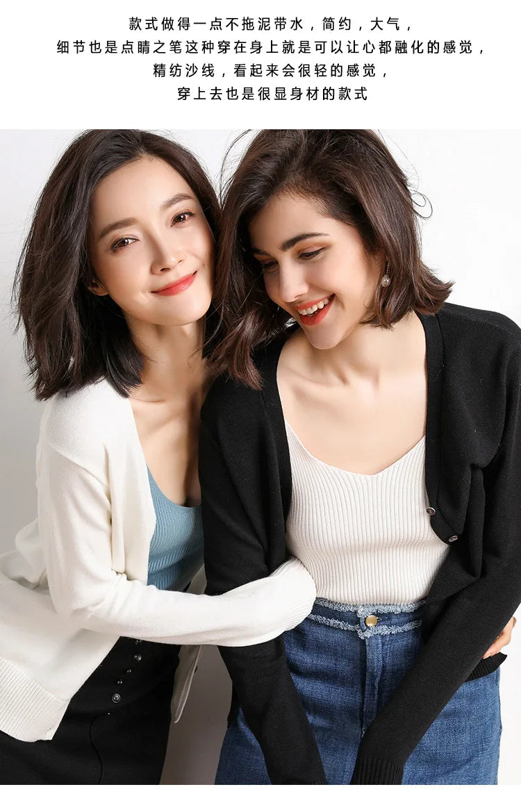 2025 Women Cardigans Long Sleeve Knitted Outerwear Solid Thin Spring Autumn Sweaters V-neck Knitwears Korean Fashion Cardigans