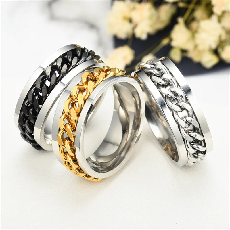Titanium Steel Rotatable Chain Fidget Spinner Mens Rings Multifunction Anti Stress Knuckle Ring Accessories Anillo Hombres