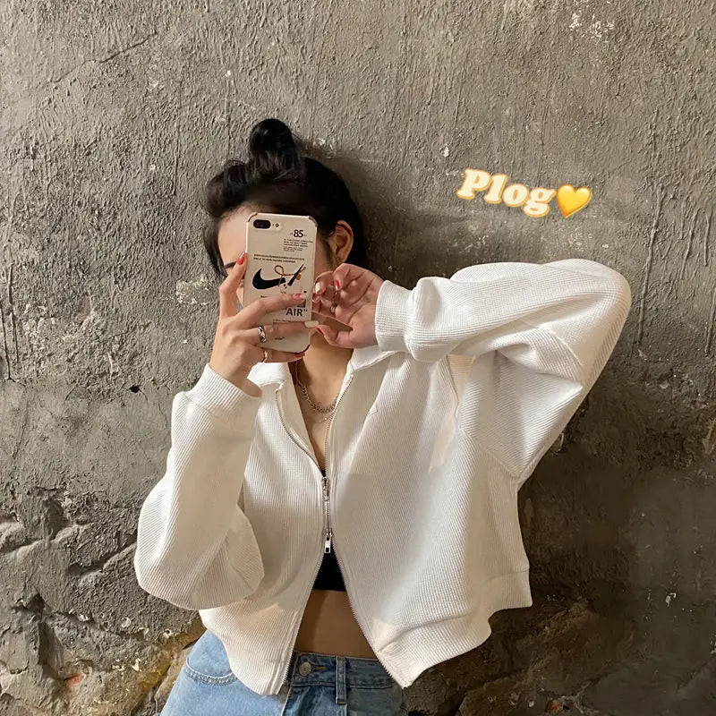 Sweatshirts Woman All-match Solid Zipper Trendy Korean Style Harajuku Ins Retro Autumn Casual Office Ladies Daily New Arrival