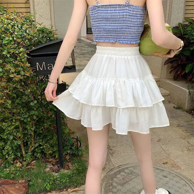 Pleated A-line Skirt White Women Ruffles Sweet Hottie Preppy Style Elastic Elastic Waist Slim Thin SimpleCasual Summer Wholesale