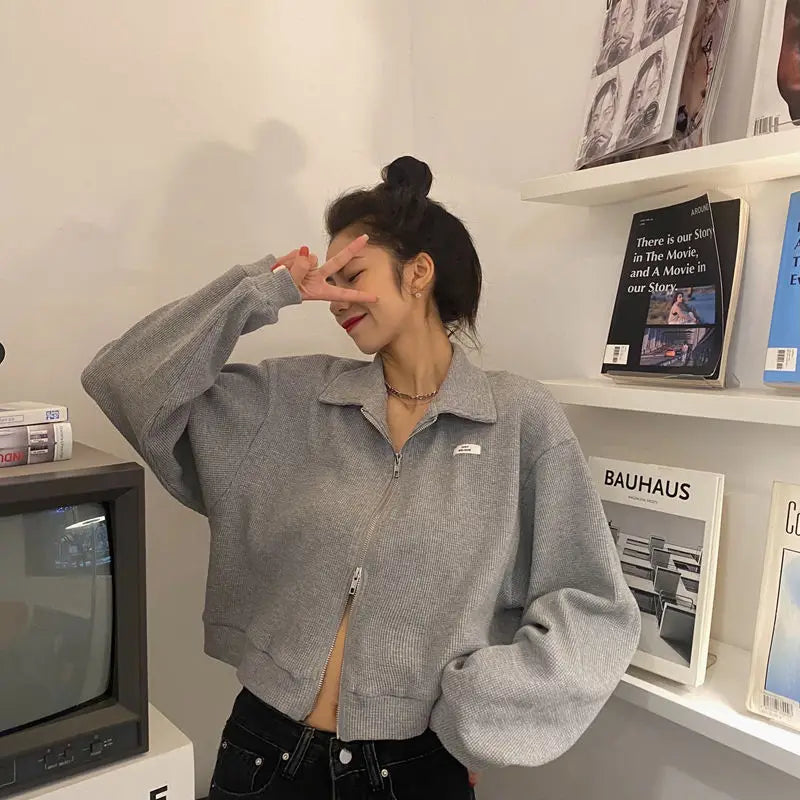 Sweatshirts Woman All-match Solid Zipper Trendy Korean Style Harajuku Ins Retro Autumn Casual Office Ladies Daily New Arrival