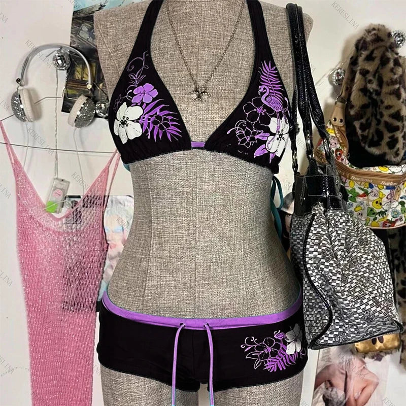 Women's bikini set cute retro casual streetwear Y2K Harajuku aesthetic hip-hop summer sweet polka dot slim Kawaii women's skirt