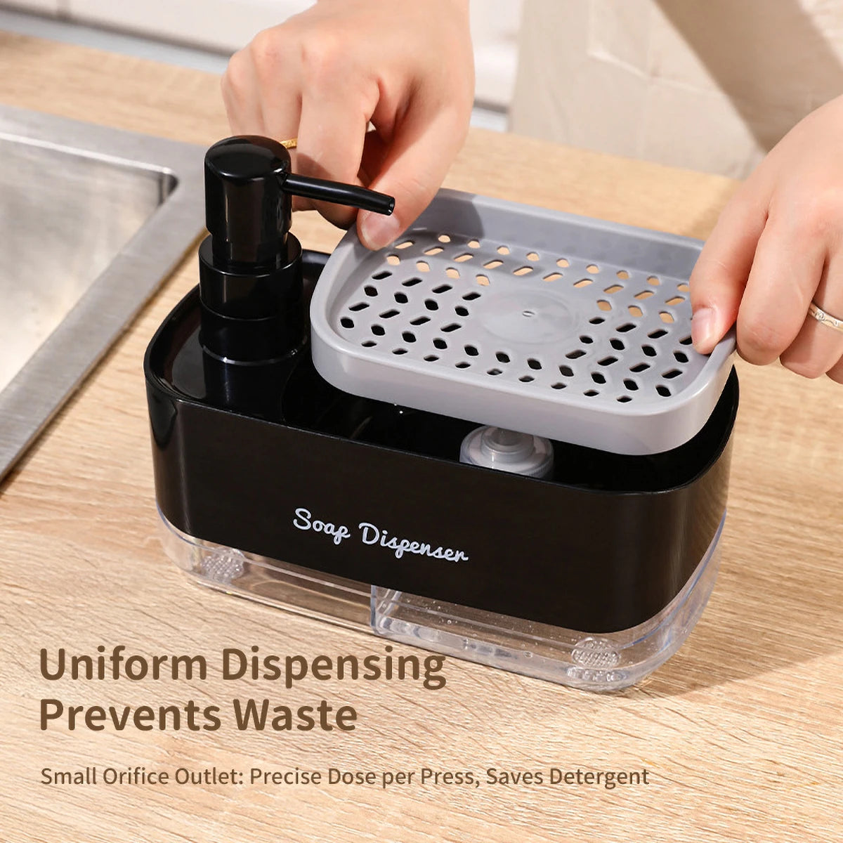 Dishwasher Dispenser, Press Type Manual Soap Dispenser, 2-in-1 Liquid Dispensing Methods, Easy to Detachable and Washable Sponge