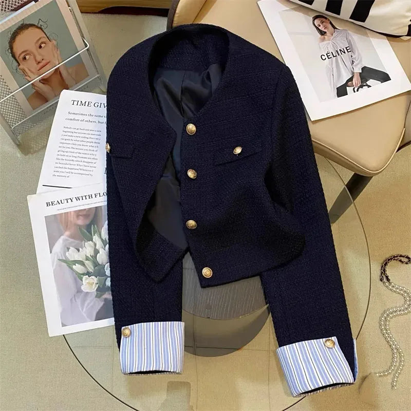 Autumn Winter Ladies Long Sleeves Suit Jacket French Women Round Neck Tops Female Fashion Leisure Splicing Together Blazer Coat