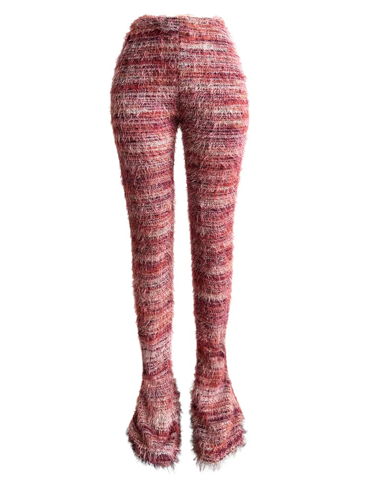 Fuzzy Flare Pants Woman 2024 Winter Stacked Fur Pant Women High Waist Leggings Fashion Skinny Casual Sexy Club Flared Pants