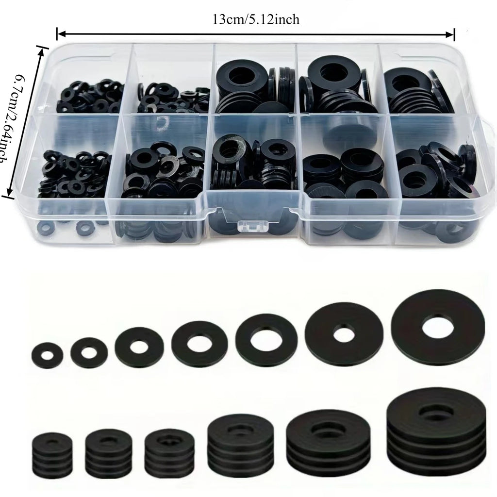 350Pcs Black Nylon Flat Gasket Set M2 M2.5 M3 M4 M5 M6 M8 Plastic Nylon Sealing Gasket Sorting Kit