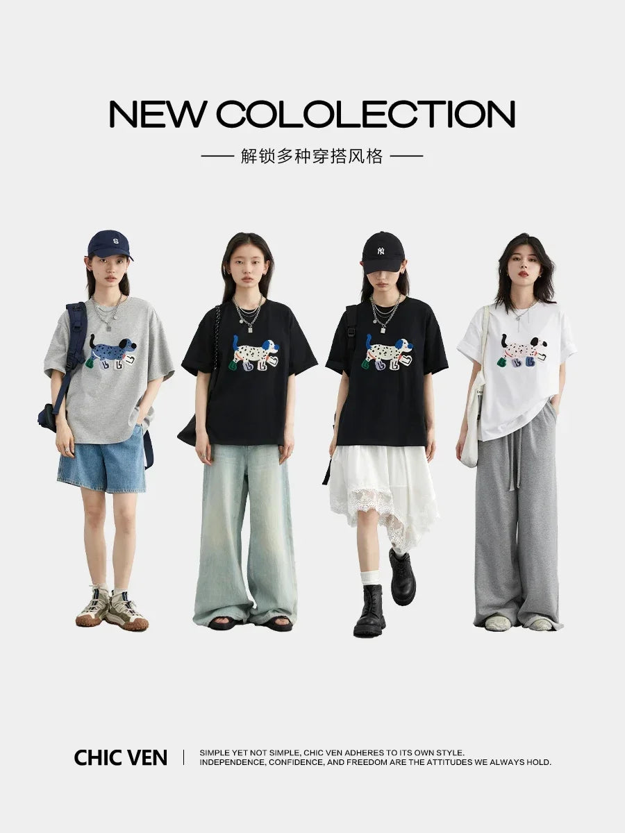CHIC VEN Women T-Shirts Loose Streetwear Unisex Fun Dog Embroidered Short Sleeve Cotton Girl Tees Female Top Summer 2025