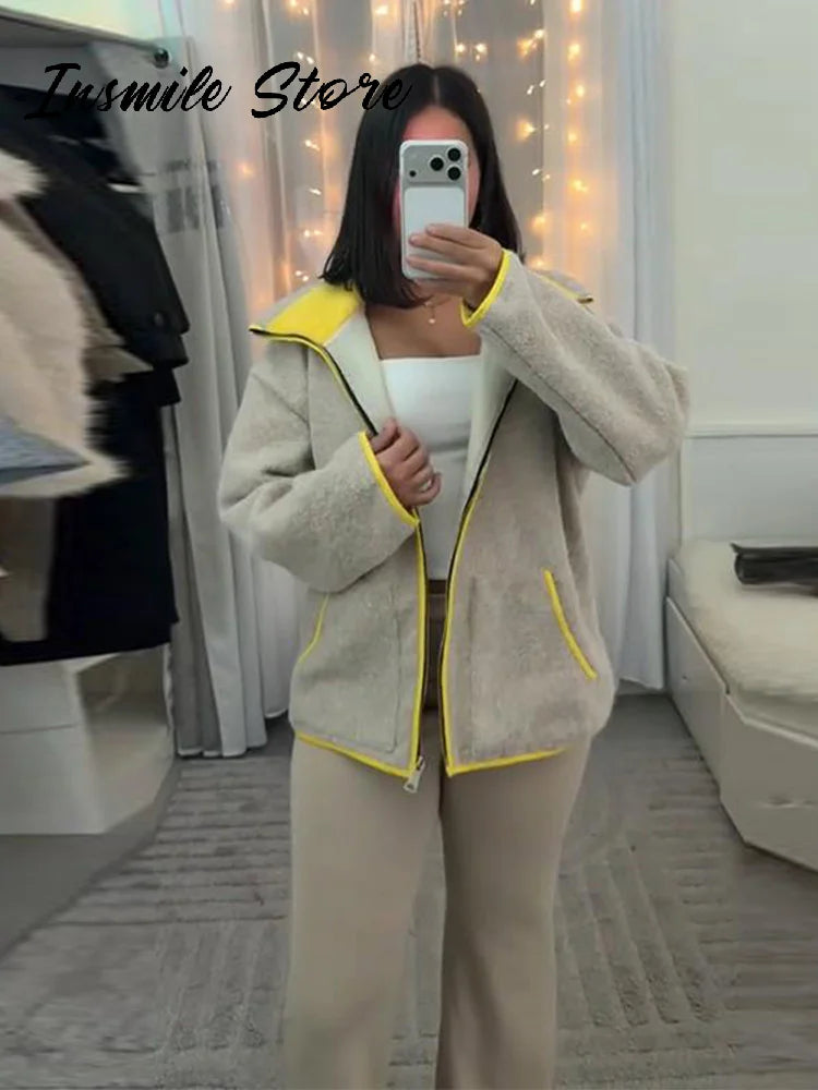 Fashion Contrast Knit Coat Women Stand Collar Zipper Pockets Full Sleeve Jacket 2025 Autumn Lady Elegant Outwear 2026 Spring New