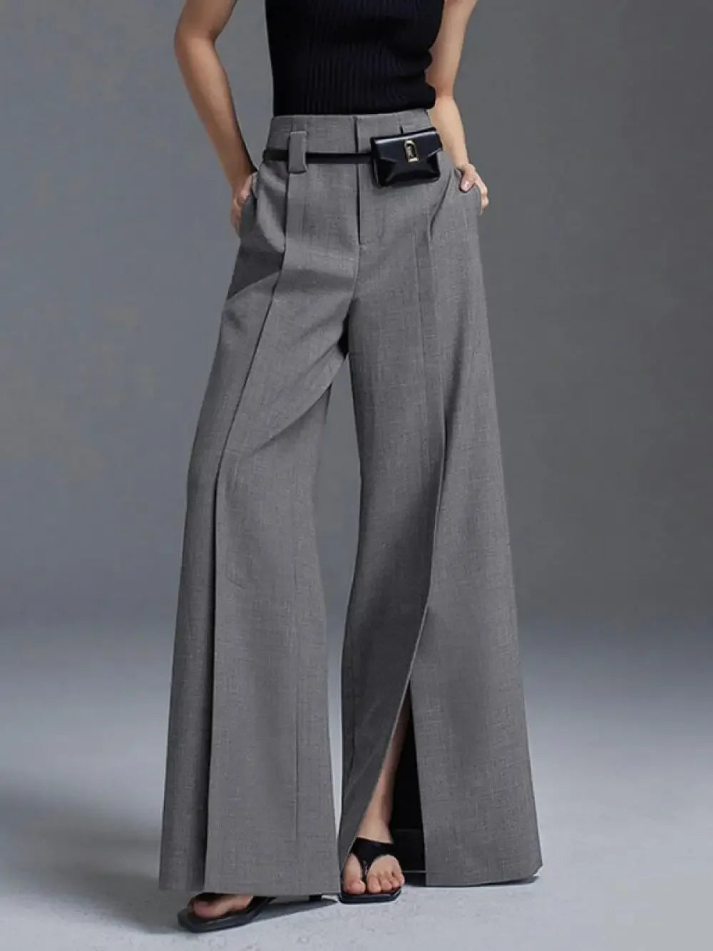 Yeezzi Urban Female Business Suit Pants 2025 New Fashion Black White Loose Straight Pant High-Waist Pleated Split-Front Trousers