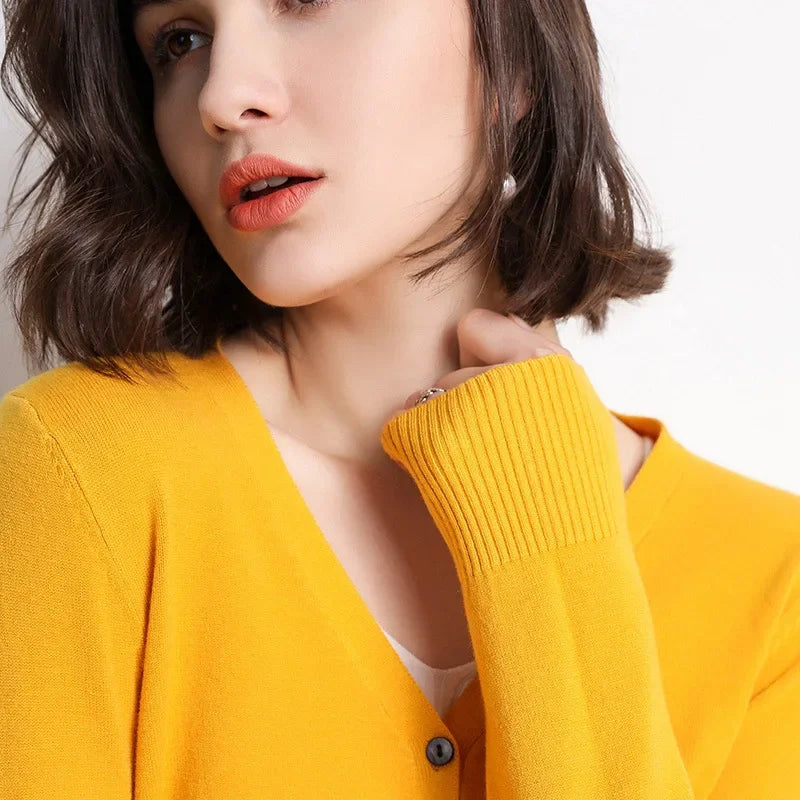 2025 Women Cardigans Long Sleeve Knitted Outerwear Solid Thin Spring Autumn Sweaters V-neck Knitwears Korean Fashion Cardigans
