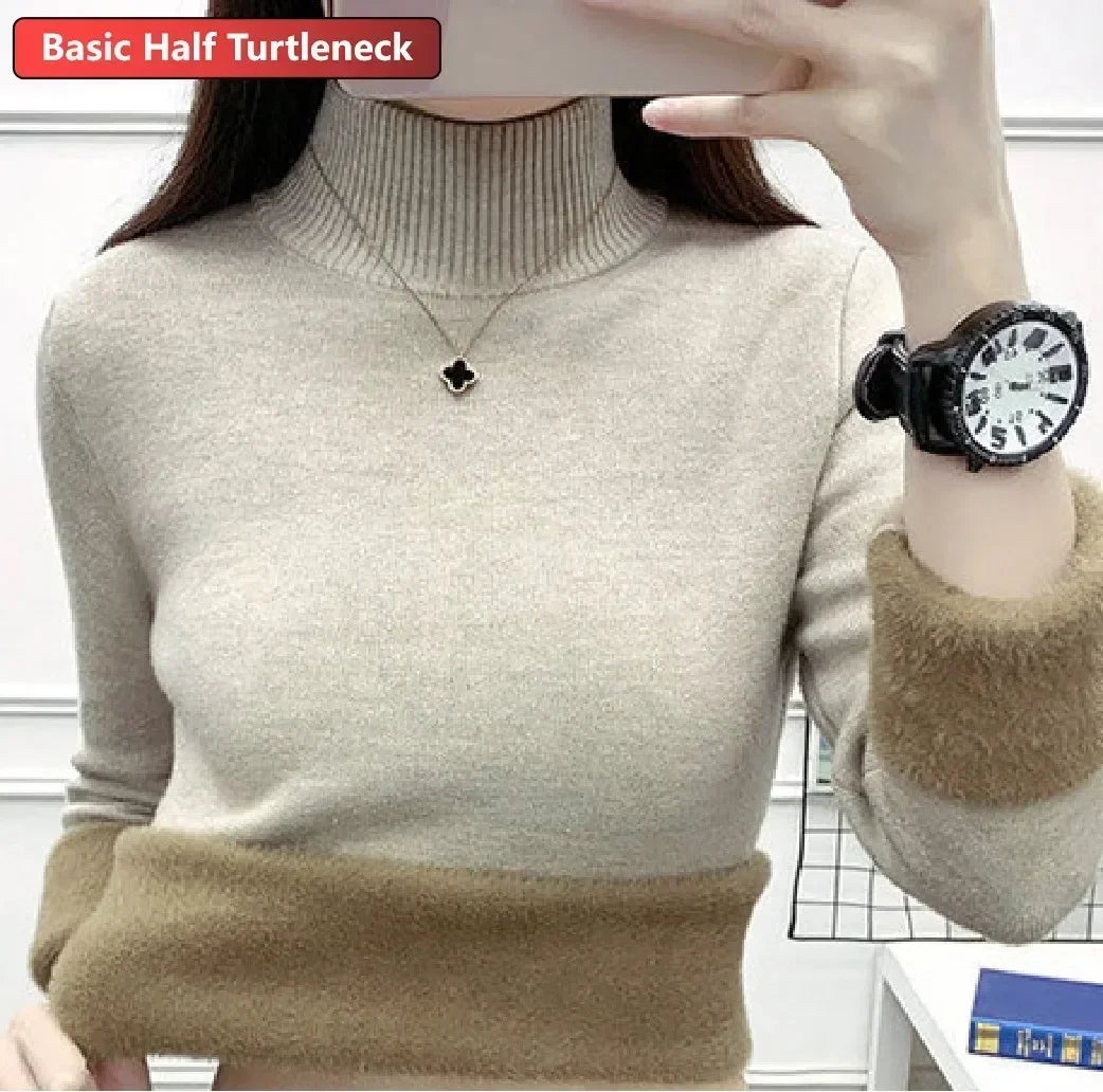 Winter Warm Sweater Pullover Women Slim Thicken Plush Velvet Lined Knitwear Jumper Korean Half Turtleneck Poleras Soft Knit Tops