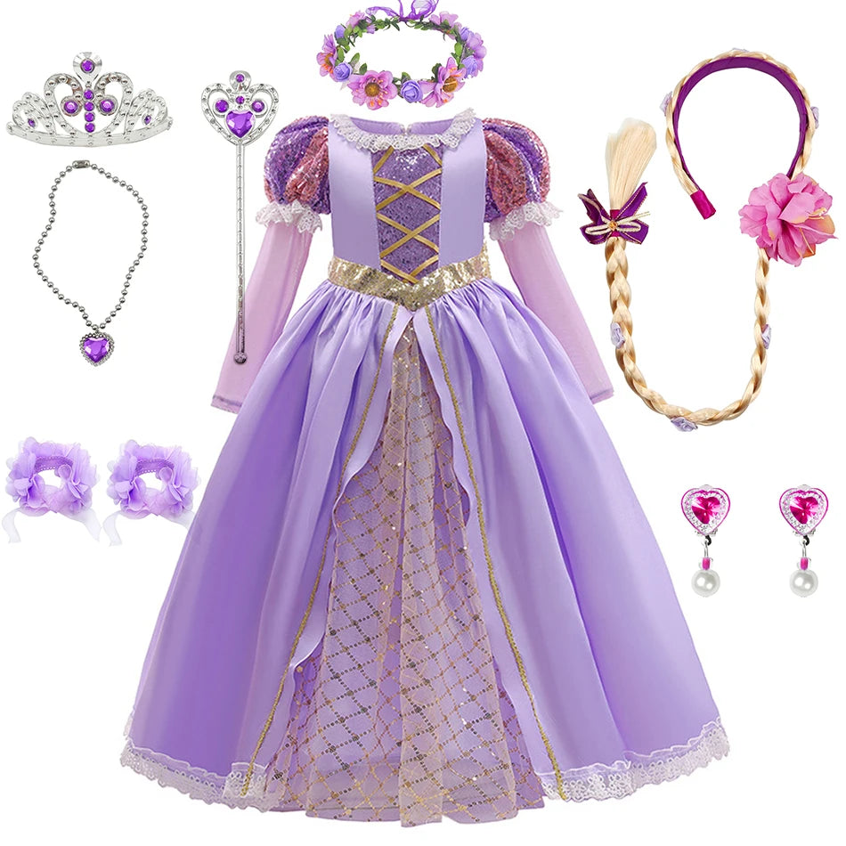 Rapunzel Dress Princess Costume Sets Children Birthday Carnival Halloween Party Fancy Girls Tangled Cosplay Clothes 2-10 Years