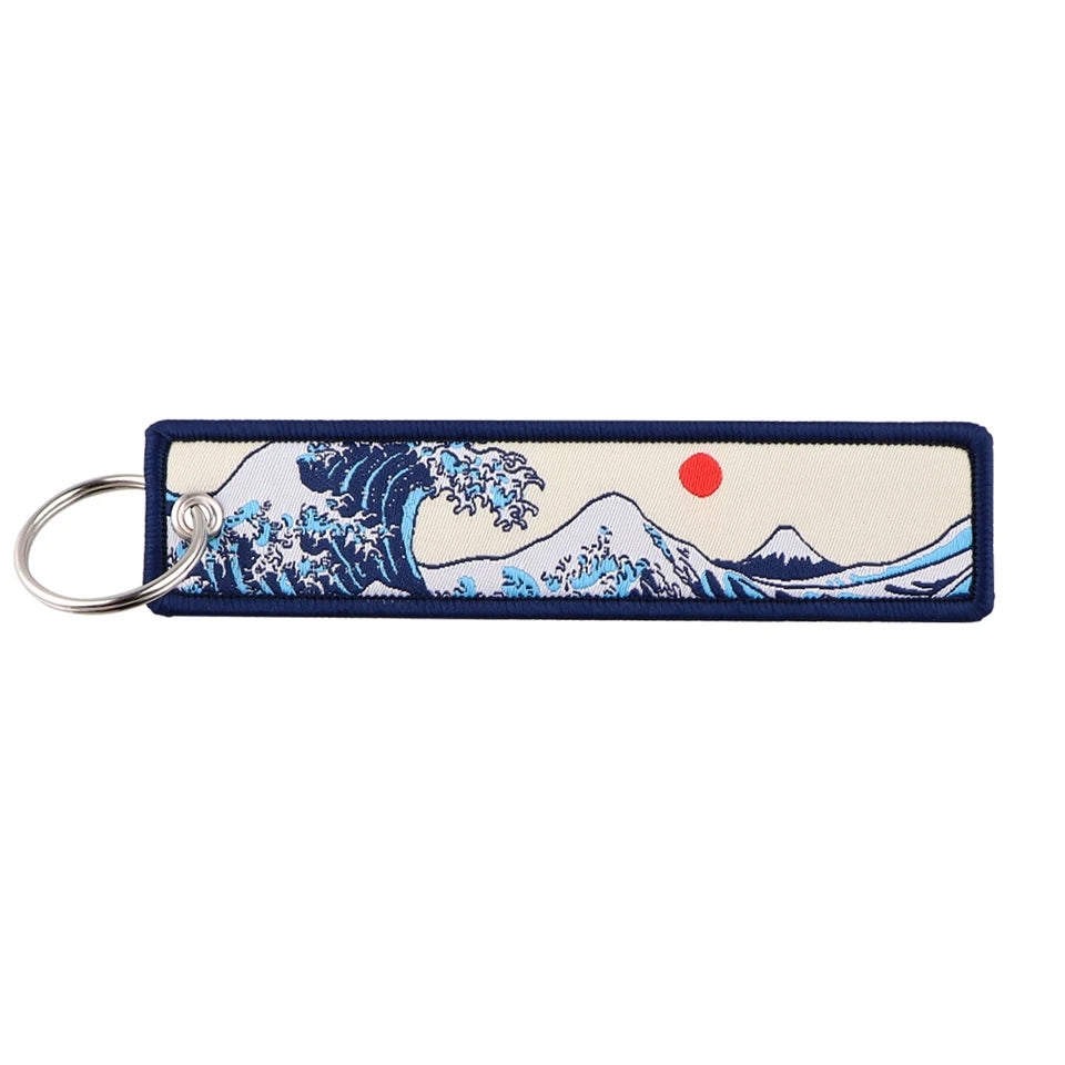 1/2pcs Japanese Waves Art Drawing Embroidery Fobs Backpack Key Tags Motorcycles Keychain Keyrings Cosplay Accessories Gift
