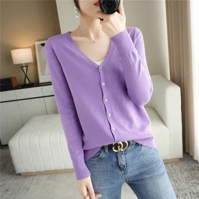 2025 Women Cardigans Long Sleeve Knitted Outerwear Solid Thin Spring Autumn Sweaters V-neck Knitwears Korean Fashion Cardigans