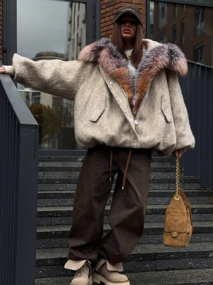 Vintage Faux Fur Woolen Jacket Women Fashion Thicken Hooded Pocket Lantern Sleeve Elastic Waist Coat 2026 Female Daily Outwear