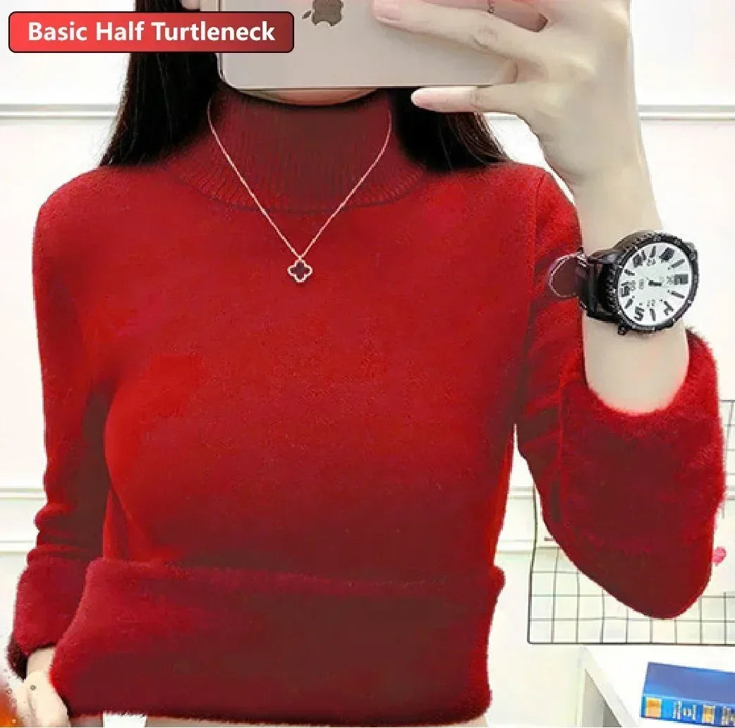 Winter Warm Sweater Pullover Women Slim Thicken Plush Velvet Lined Knitwear Jumper Korean Half Turtleneck Poleras Soft Knit Tops