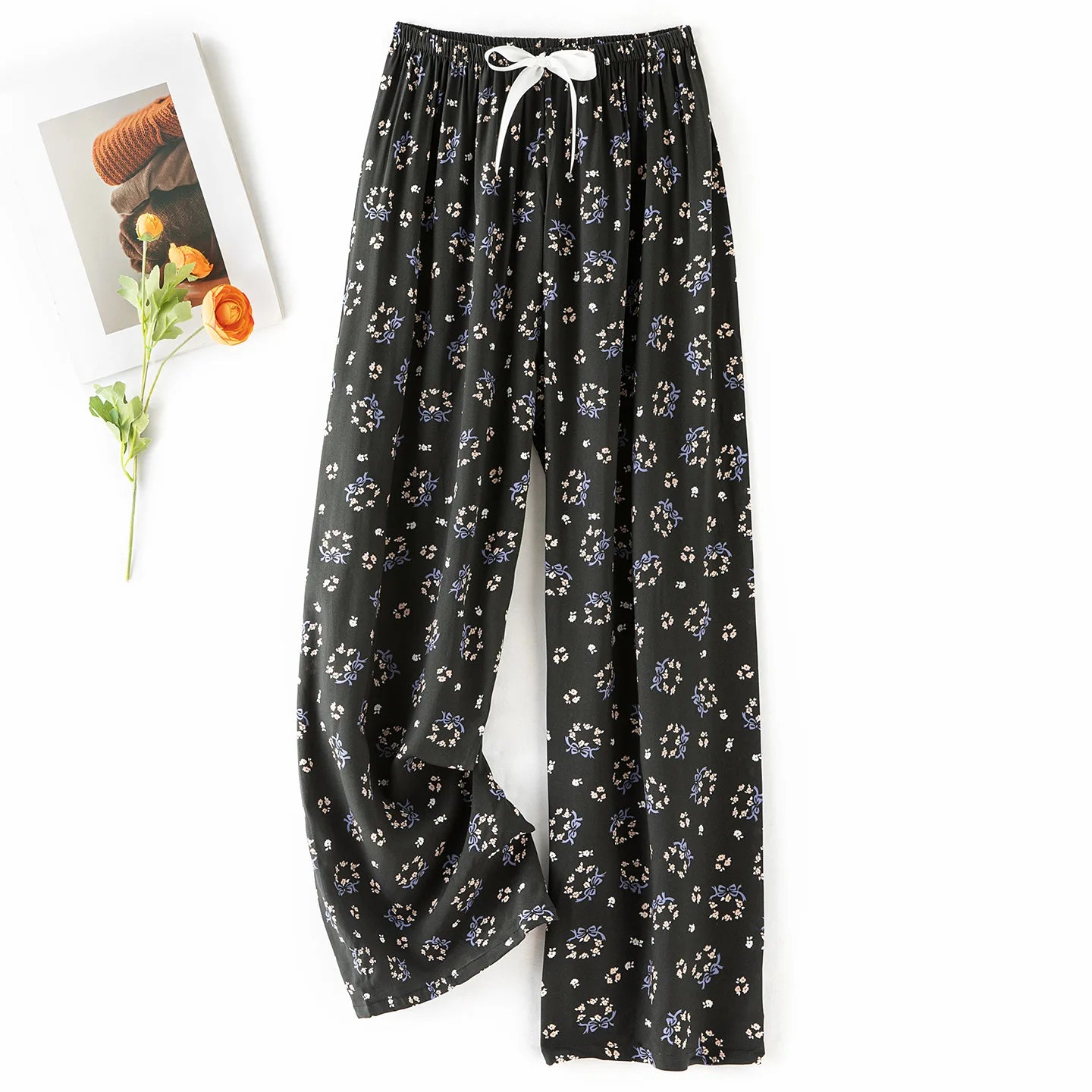 Women Casual Autumn Wide Leg Pants Floral Beach Trousers High Waist Boho Ethnic Style Calf Pants Four Season Girls Home Clothes