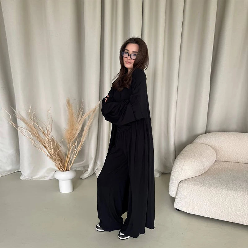 Casual Solid Women 3 Pieces Suits V-neck Long Coats O-neck Slim Top Wide Leg Trousers 2025 Spring Summer New Fashion Female Sets