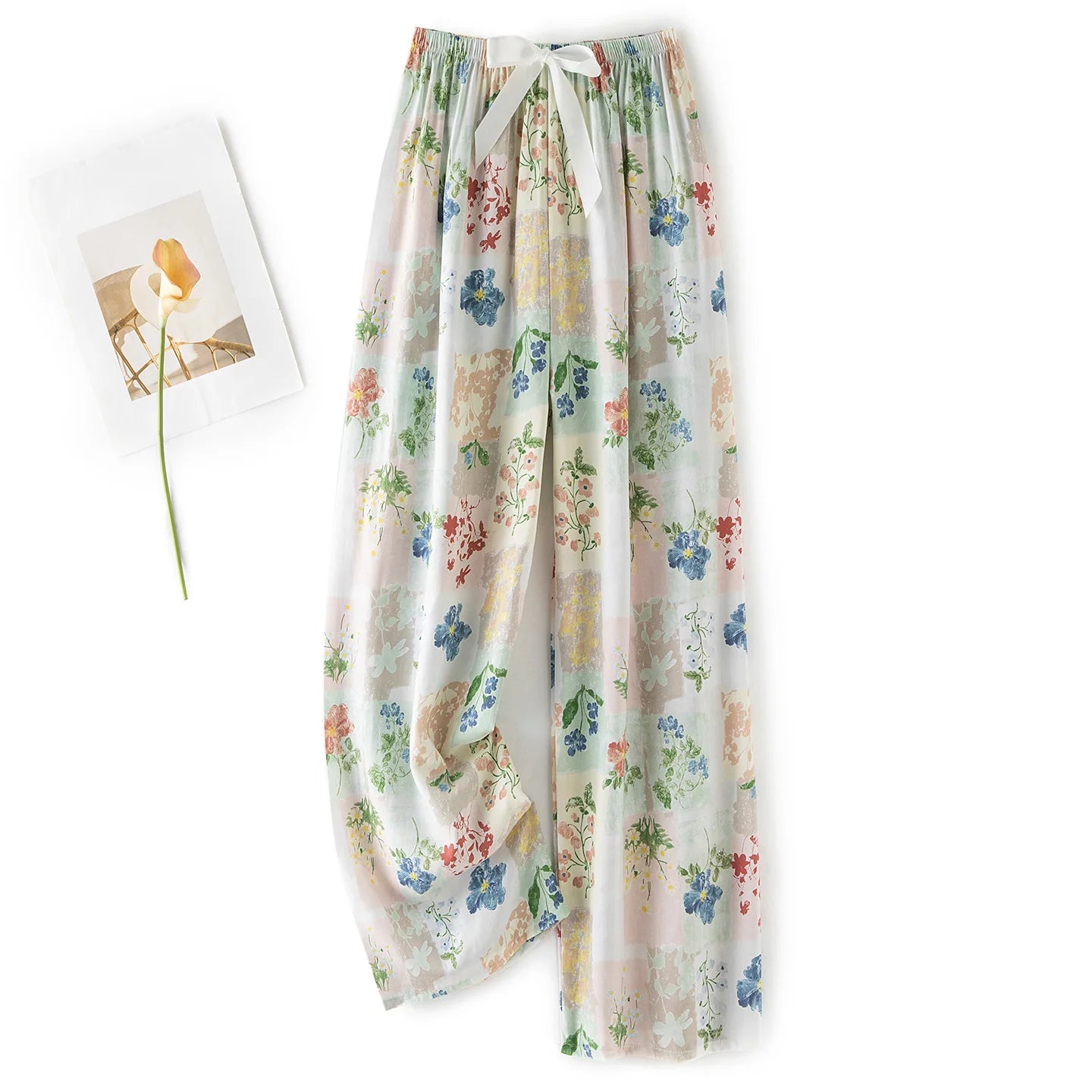 Women Casual Autumn Wide Leg Pants Floral Beach Trousers High Waist Boho Ethnic Style Calf Pants Four Season Girls Home Clothes