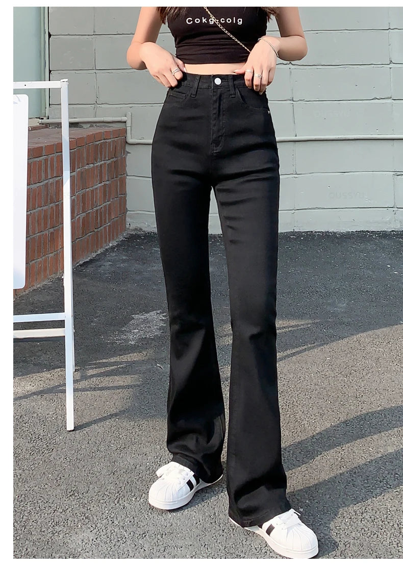 Flared Jeans Woman High Waist Denim Trousers For Female Blue White Black Elastic Skinny Fashion Classic Leisure Wide Leg Pants