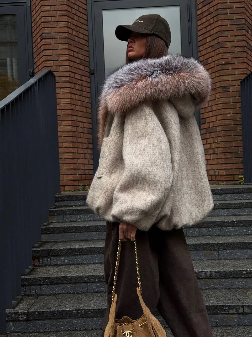 Vintage Faux Fur Woolen Jacket Women Fashion Thicken Hooded Pocket Lantern Sleeve Elastic Waist Coat 2026 Female Daily Outwear