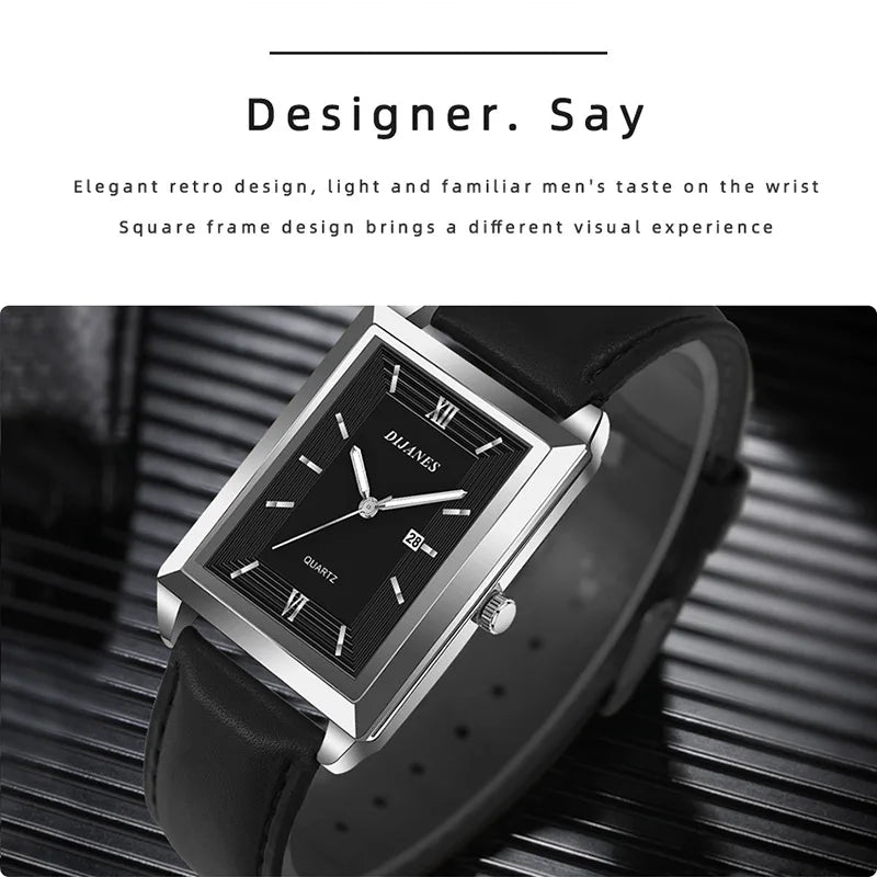 New Casual Leather Men's Square Quartz Watch Korean Student Calendar Watch Men Relojes Para Hombres